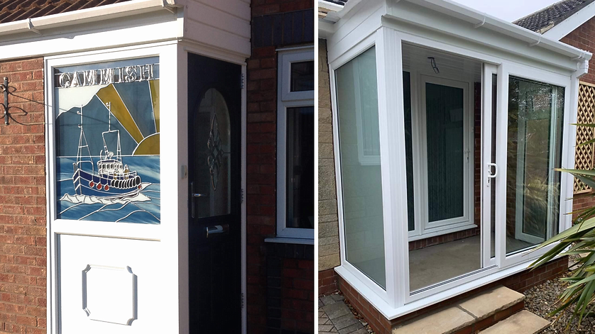 Porch installations in Filey, one with bespoke stained glass